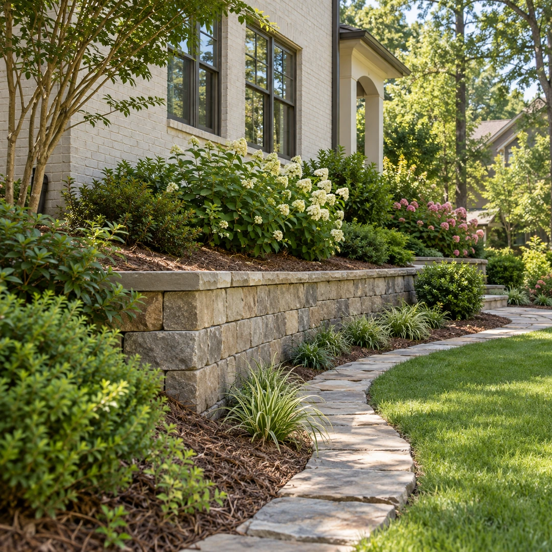 Retaining wall beside a curved path and foundation planting