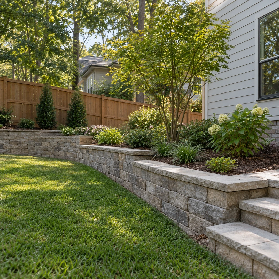 Low retaining wall and garden steps beside a fenced side yard