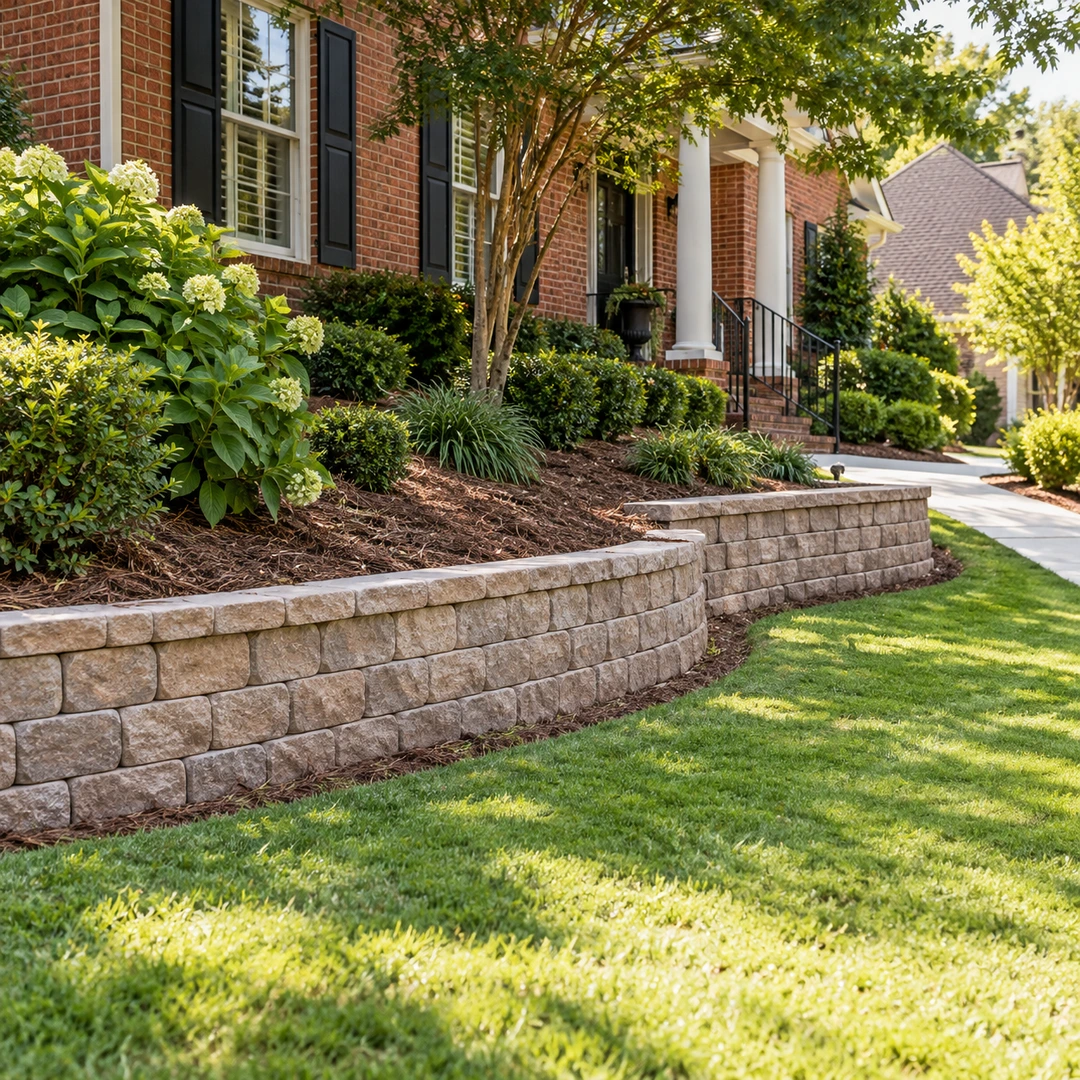 Retaining wall holding a mulched garden bed beside a brick home