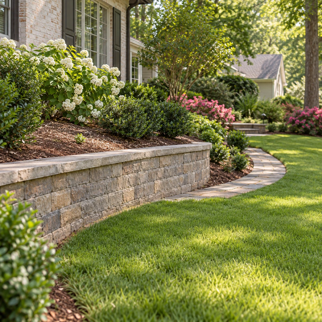 Planted border supported by a low wall beside a curved walkway