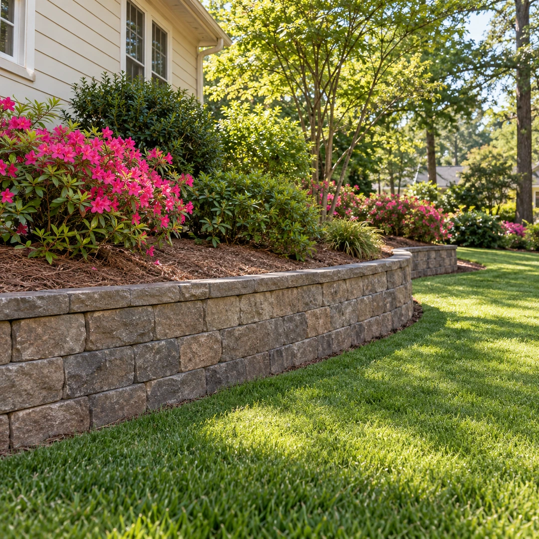Retaining wall supporting azaleas above a finished lawn edge