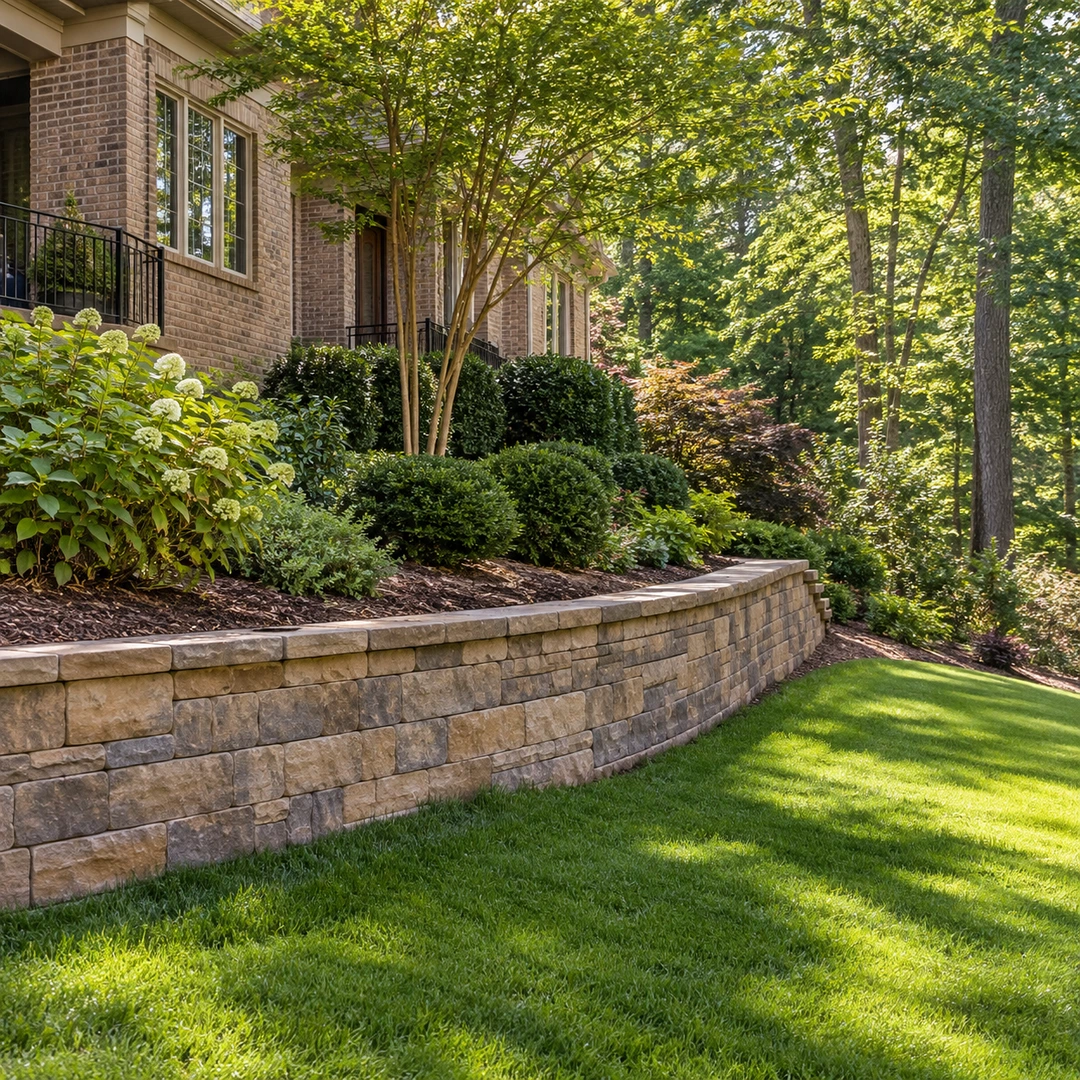 Curved retaining wall supporting a planted bed above a sloping lawn