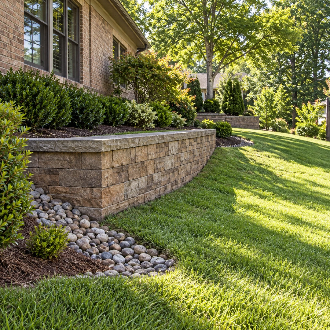 Stone drainage strip below a residential retaining wall
