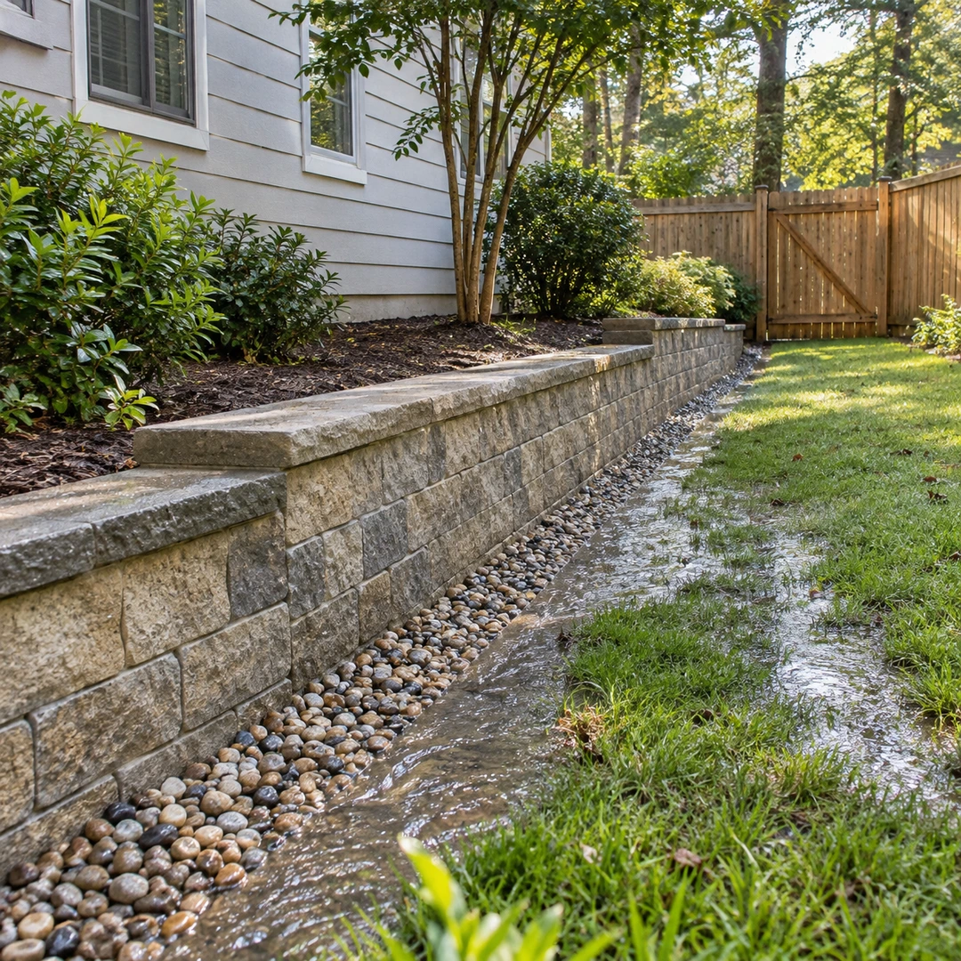 Water collecting along a stone drainage strip beneath a retaining wall