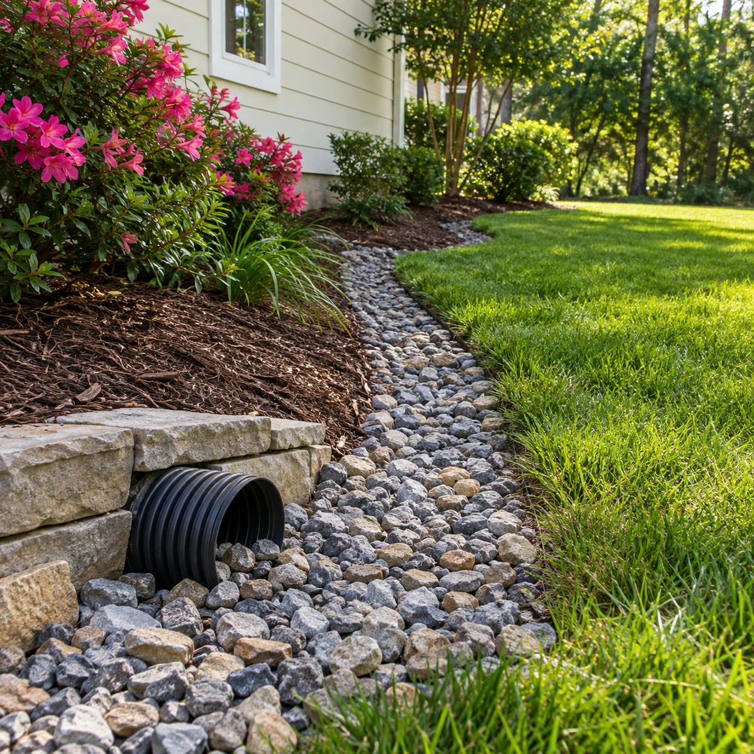 Drain pipe outlet at the end of a stone garden drainage channel