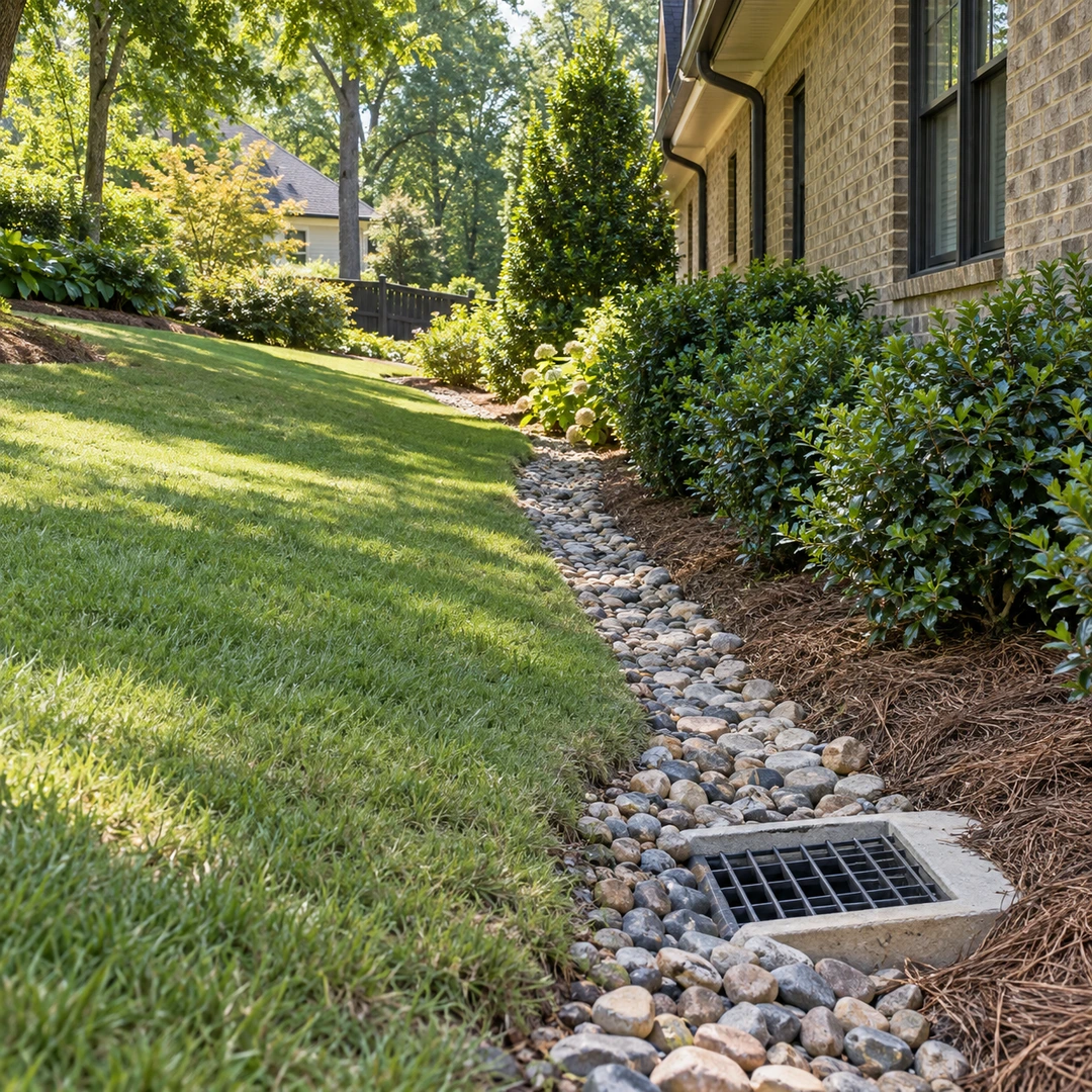 Drainage grate in a gravel channel along a residential side yard