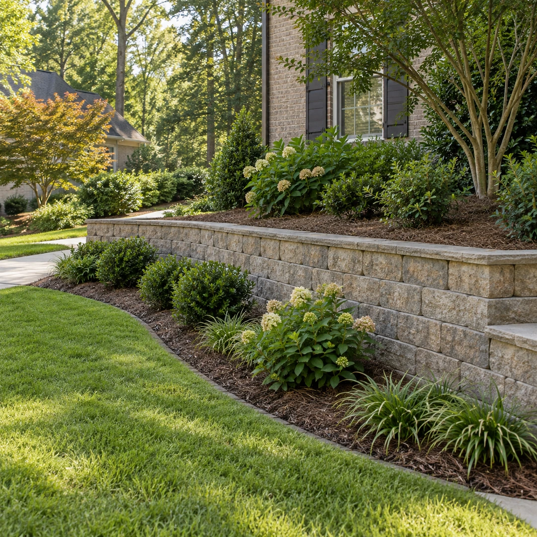 Low retaining wall and planted border beside a residential lawn