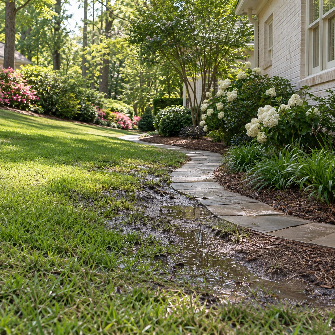Standing water beside a residential garden path and lawn