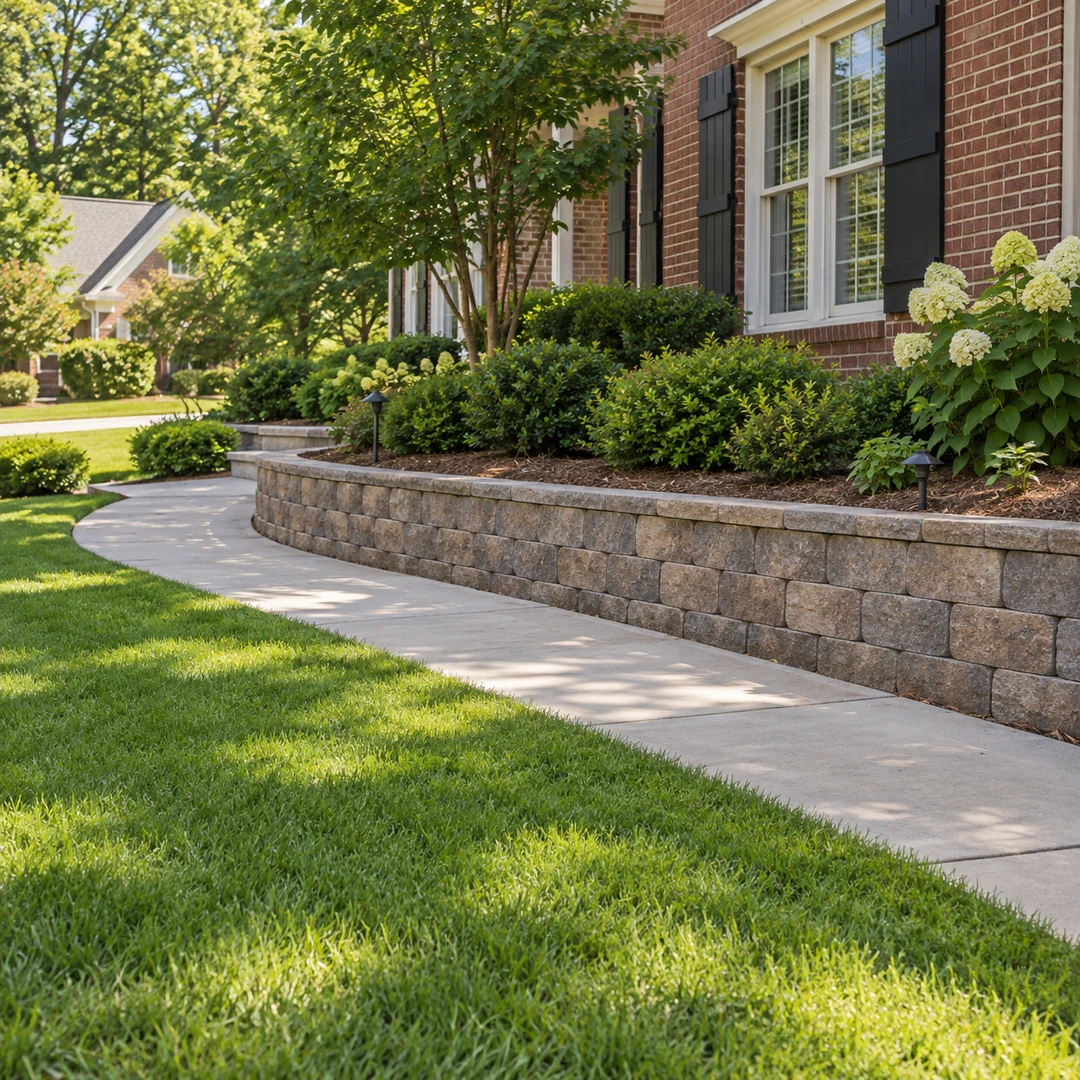 Clear walkway and lawn beside a planted retaining wall