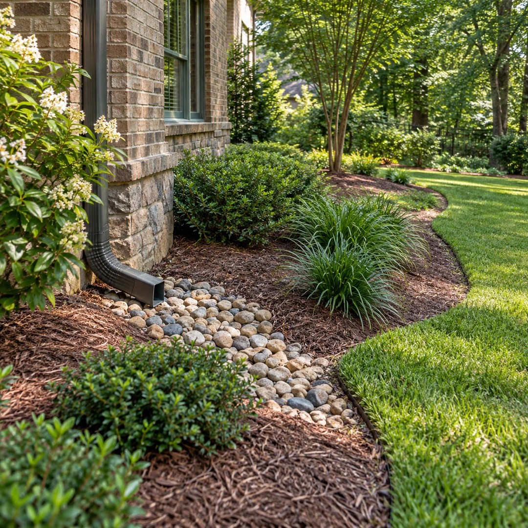 Downspout leading to a stone bed beside a residential lawn