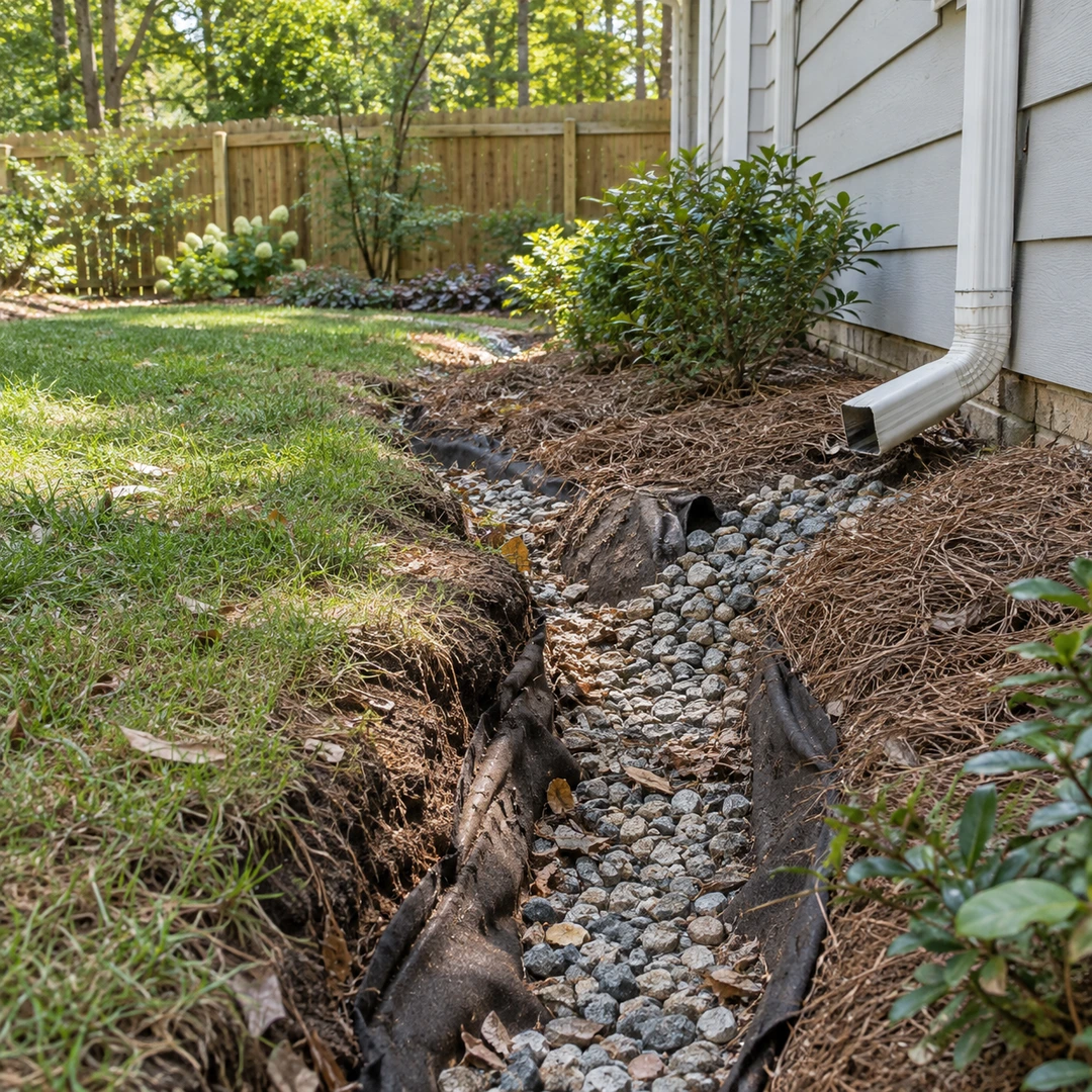 Exposed gravel drainage trench with displaced filter fabric near a downspout