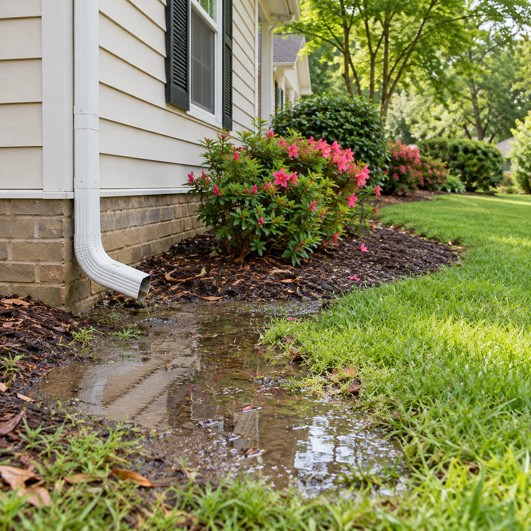 Standing water near a downspout and planted house foundation