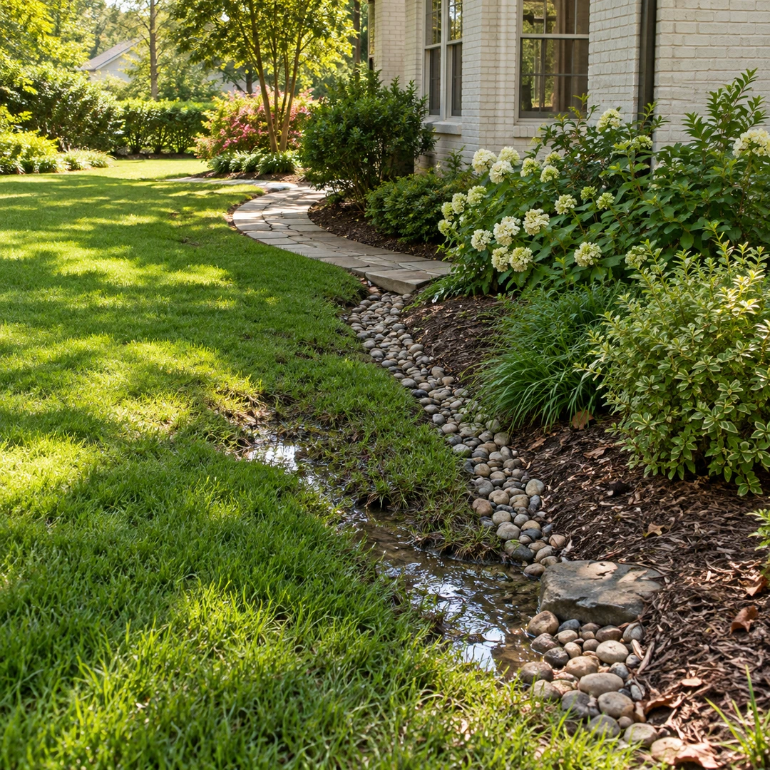 Stone drainage channel beside a curved residential garden walkway