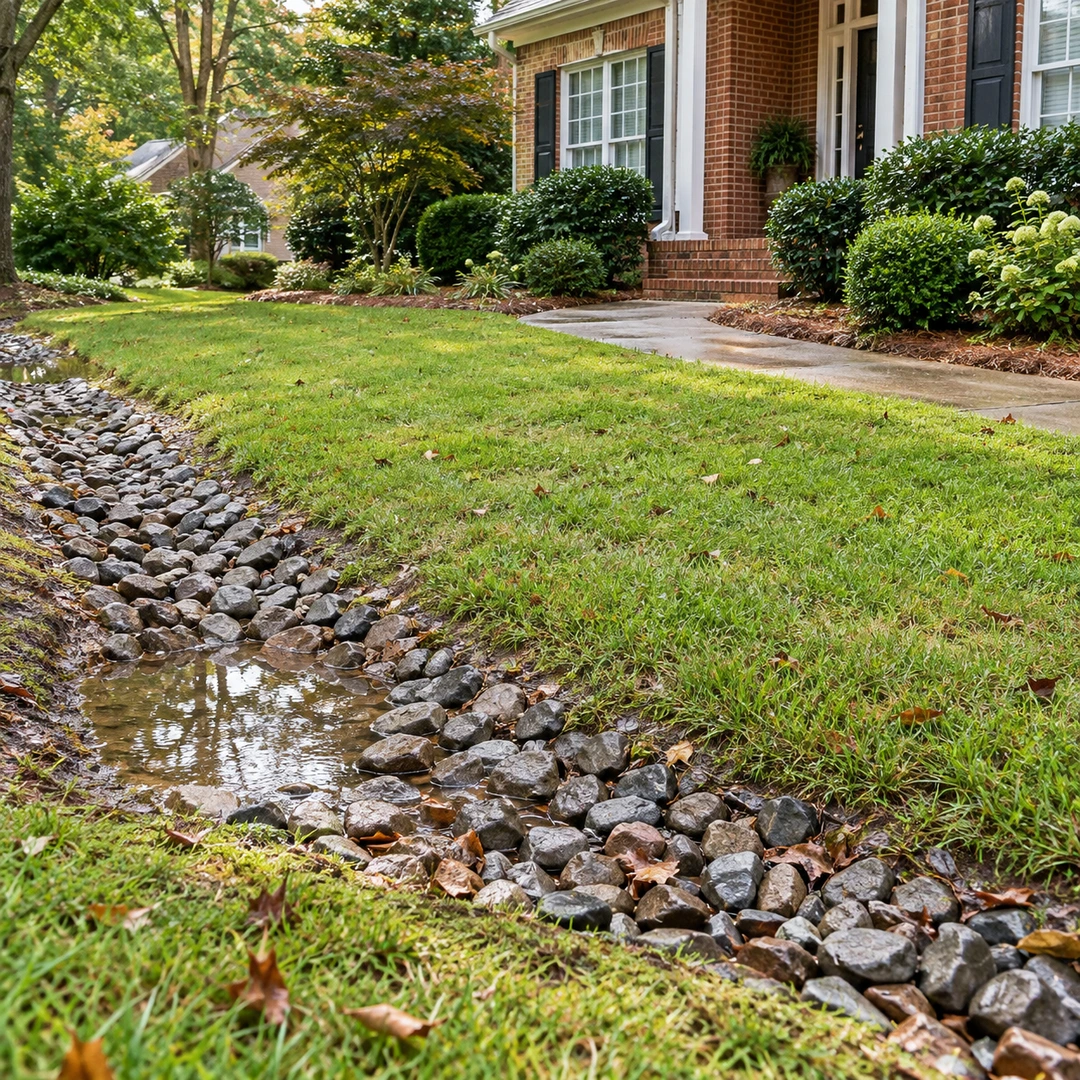 Pooled water in a stone drainage channel at a residential lawn edge