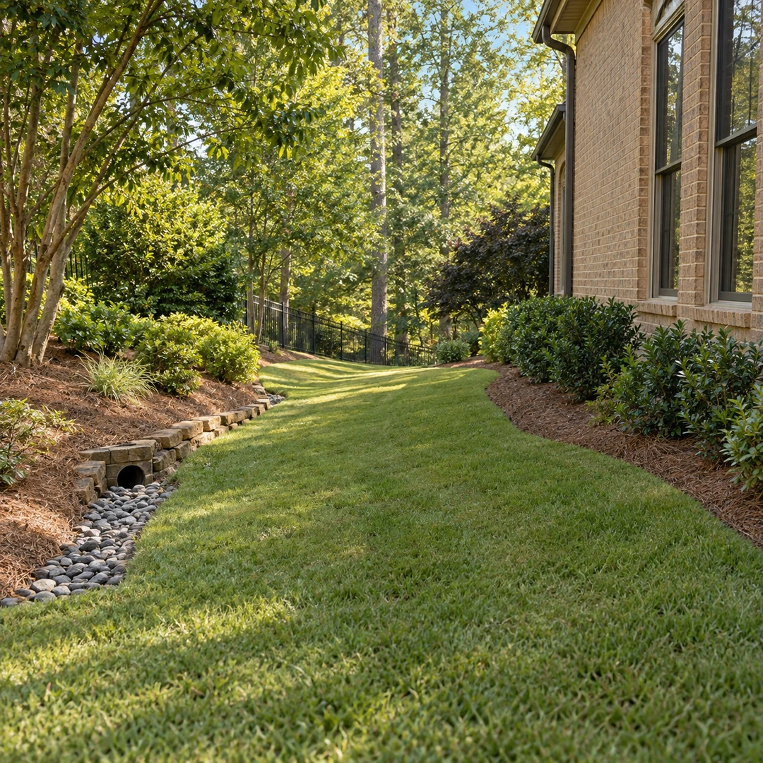 Drain outlet beneath a low garden wall beside a side yard lawn