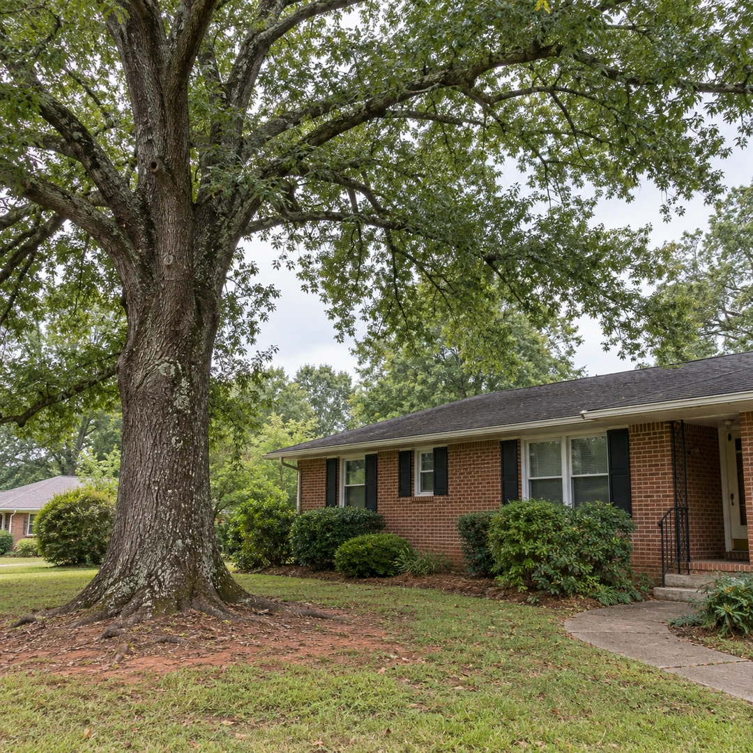 Mature oak beside a brick home and residential walkway