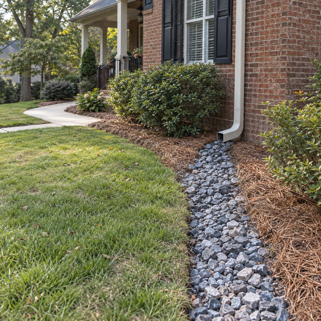 Gravel runoff bed beside a downspout and residential foundation