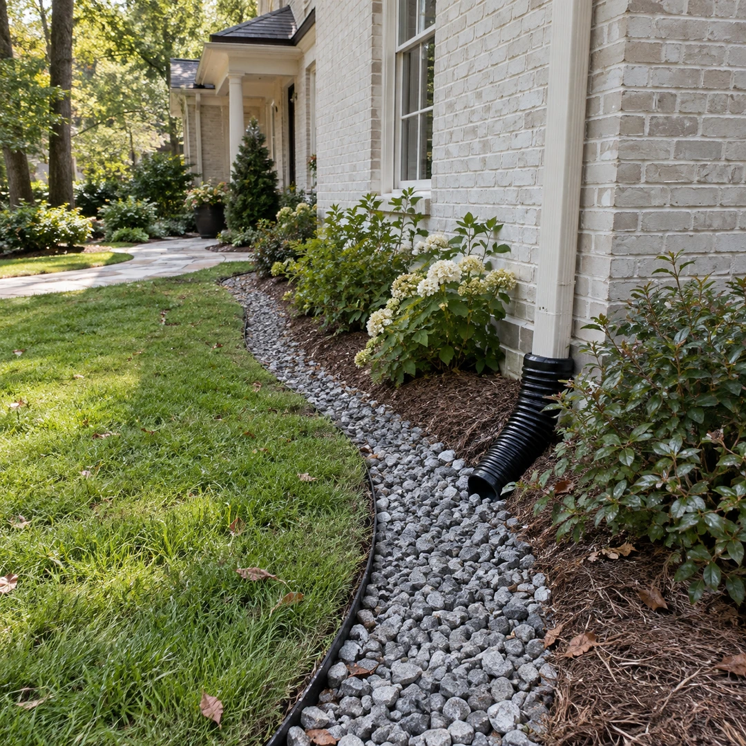 Downspout extension above a gravel bed beside a brick home
