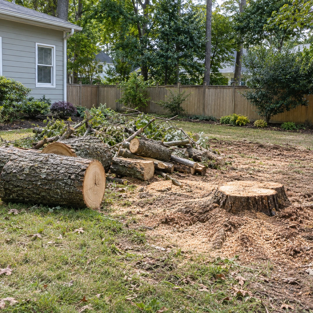Cut trunk rounds and branches beside a low stump on a lawn
