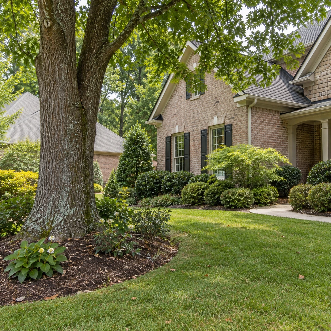 Mature shade tree beside a brick home lawn