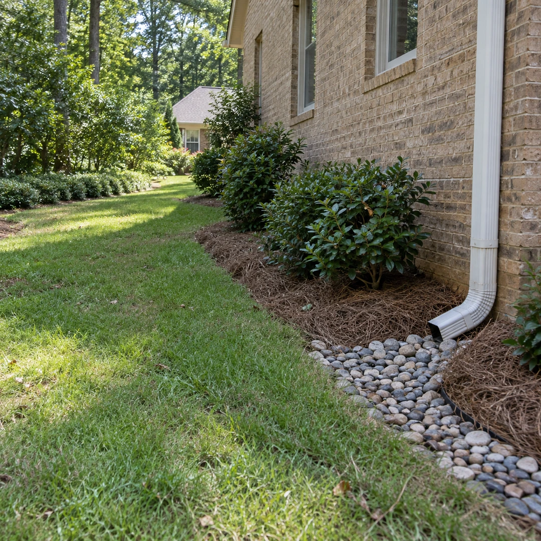 Stone drainage bed beside a house wall and residential lawn