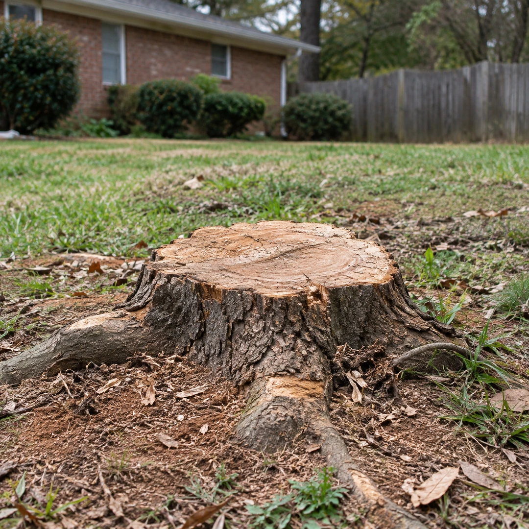 Low tree stump and exposed roots beside a residential lawn