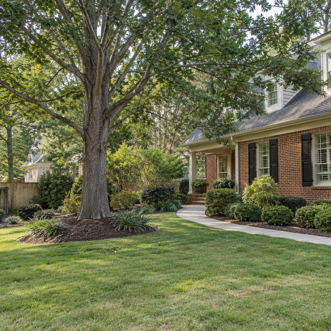 Healthy mature tree beside a residential home and lawn