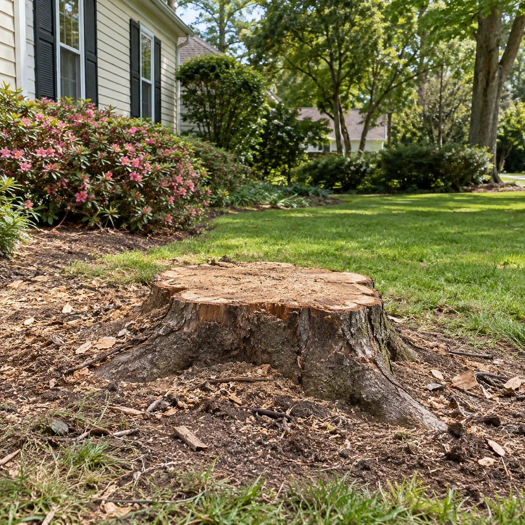 Low cut stump and wood chips at a residential lawn edge