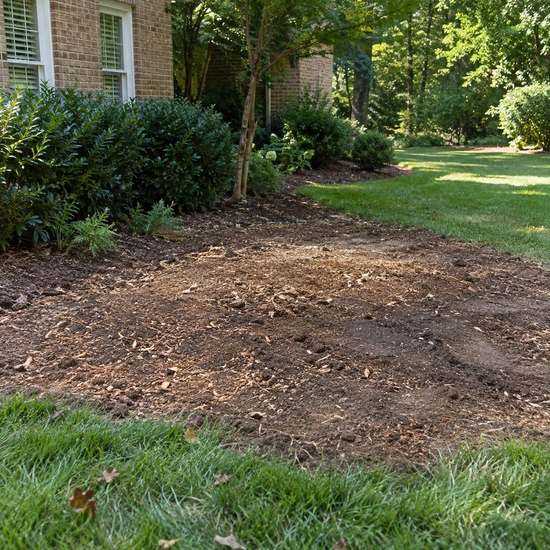 Level wood chip area beside a residential lawn