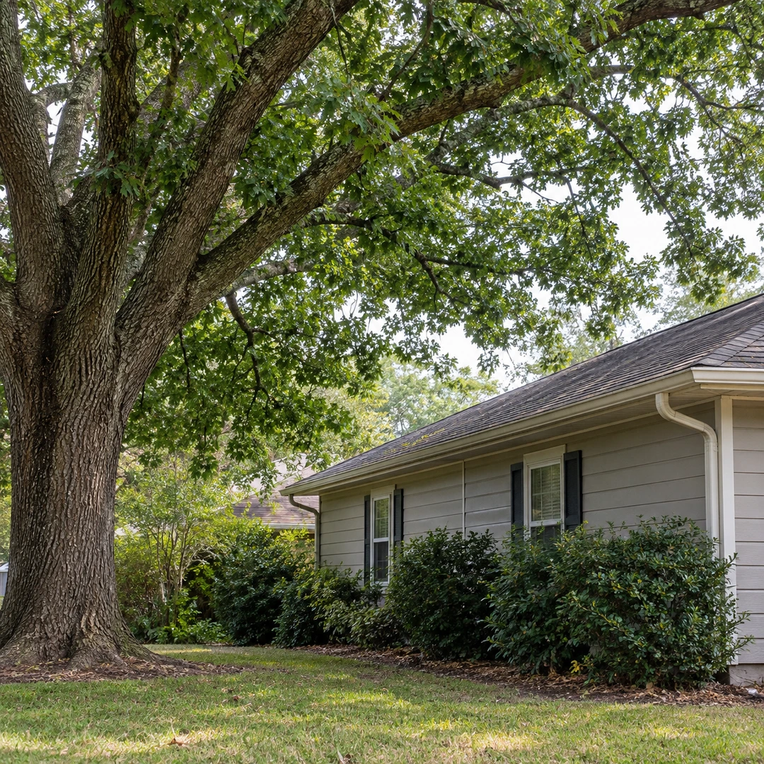 Tree canopy and branches extending near a residential roof