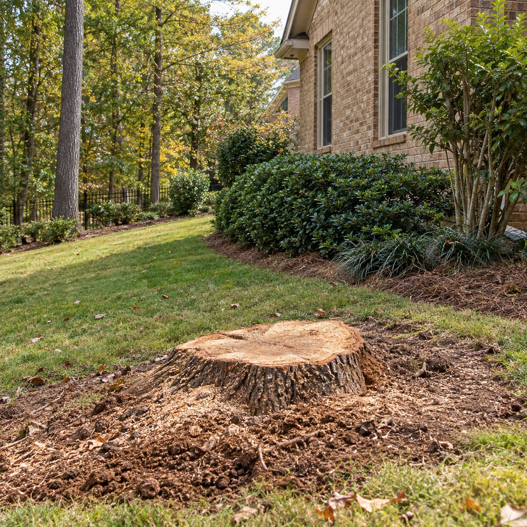 Low stump beside a residential lawn and garden border