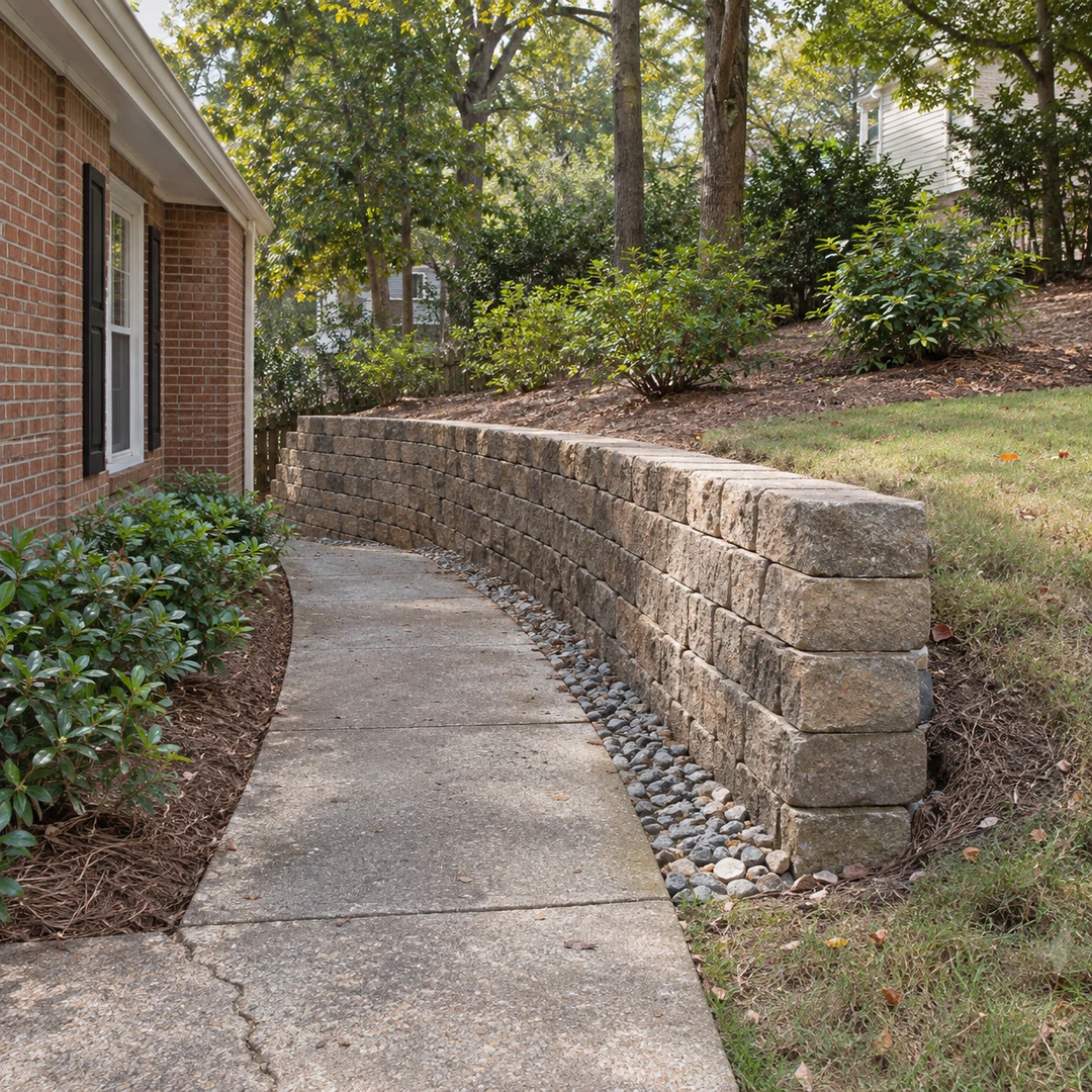 Block retaining wall beside a concrete residential walkway