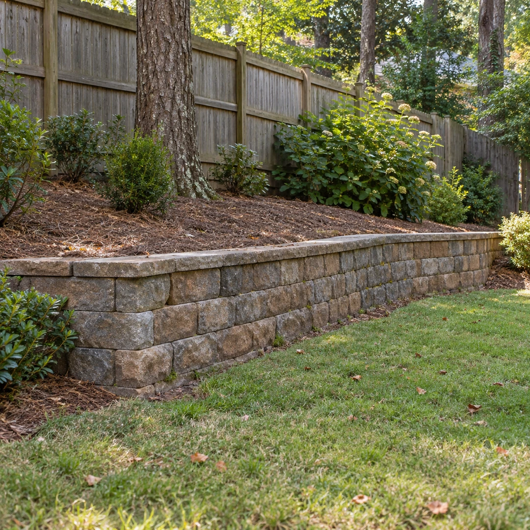 Low block retaining wall beside a tree and wooden fence