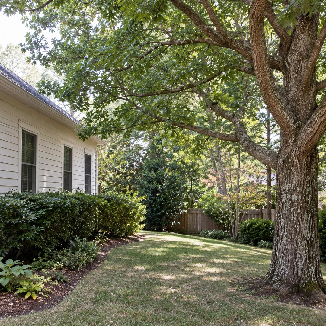 Mature tree beside a residential siding home and side yard