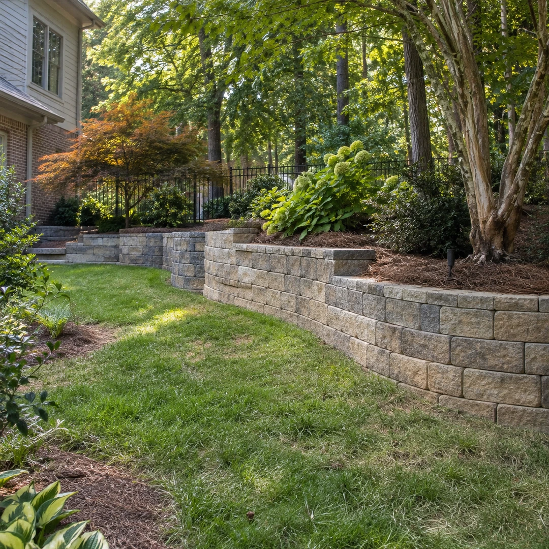 Curved block retaining wall supporting a planted yard slope