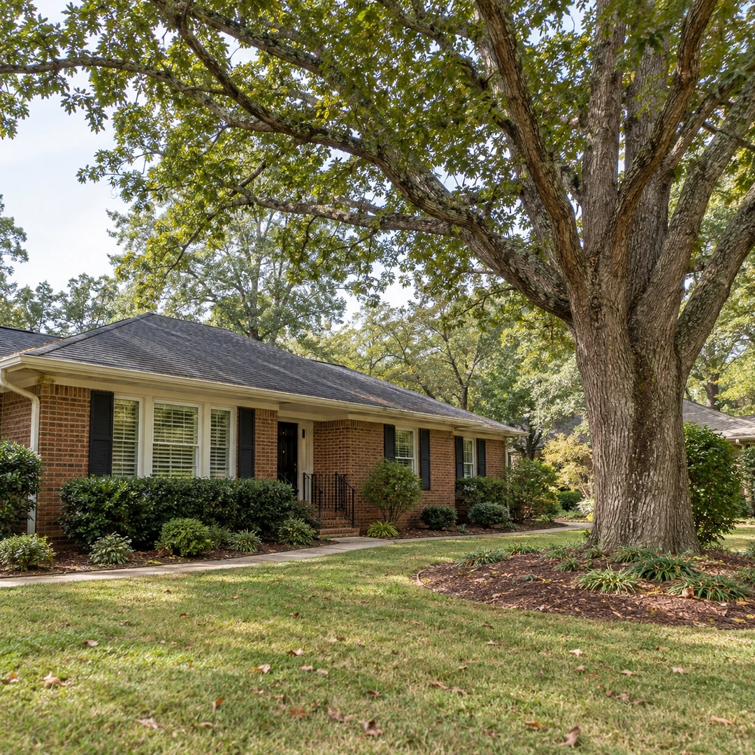 Mature shade tree beside a brick ranch home and lawn