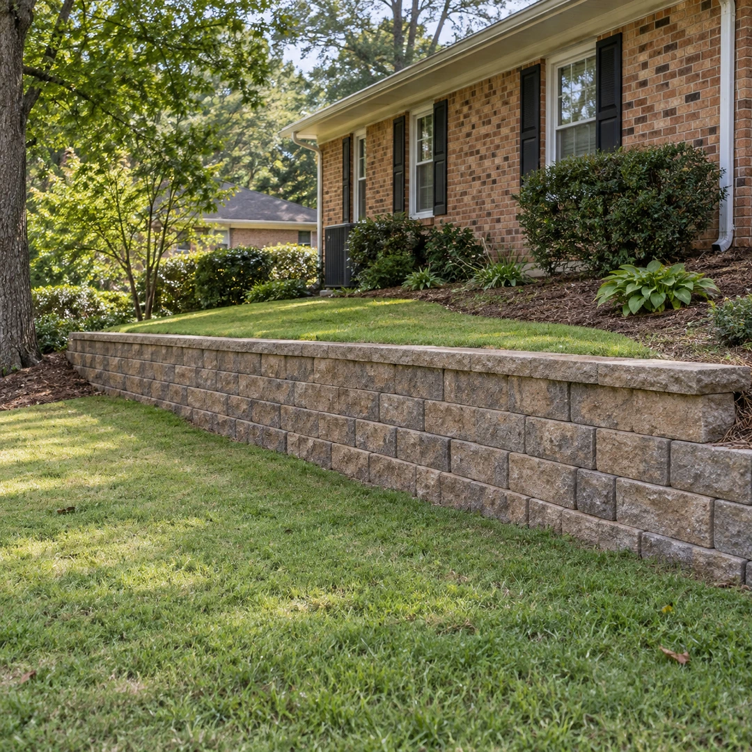 Low retaining wall supporting a lawn beside a brick home