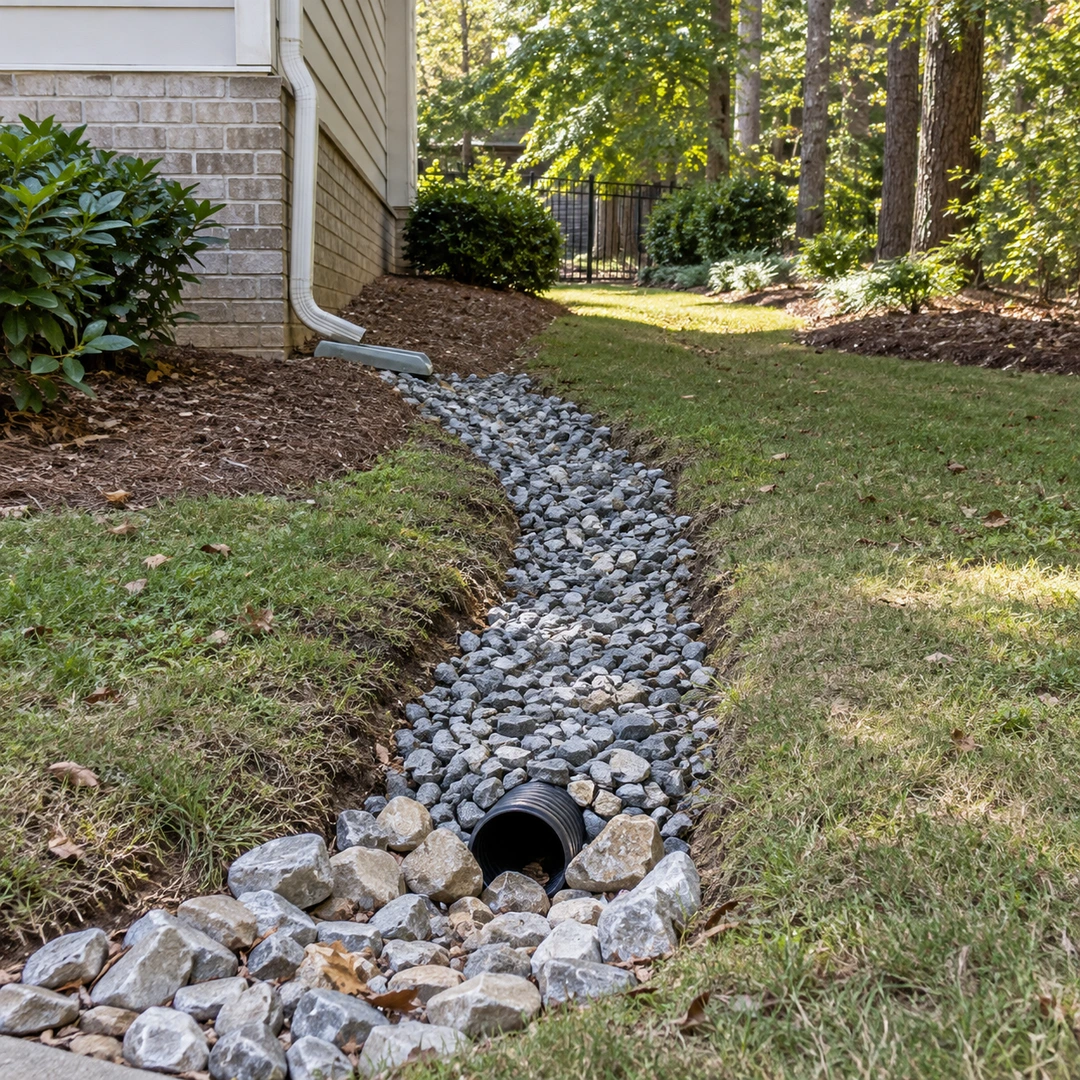Stone drainage bed with an outlet beside a residential lawn