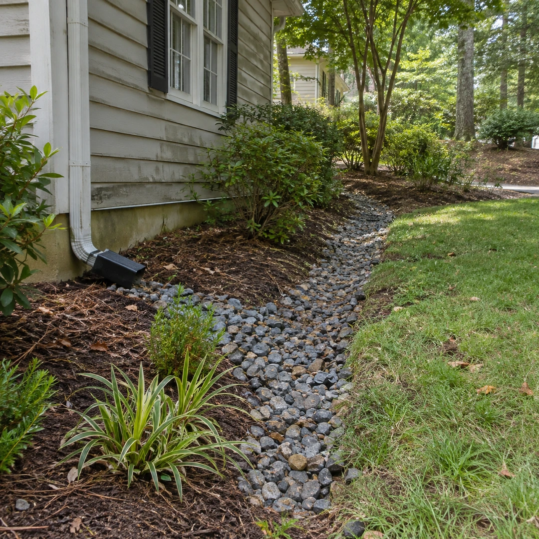 Gravel drainage strip beside a house downspout and planting bed