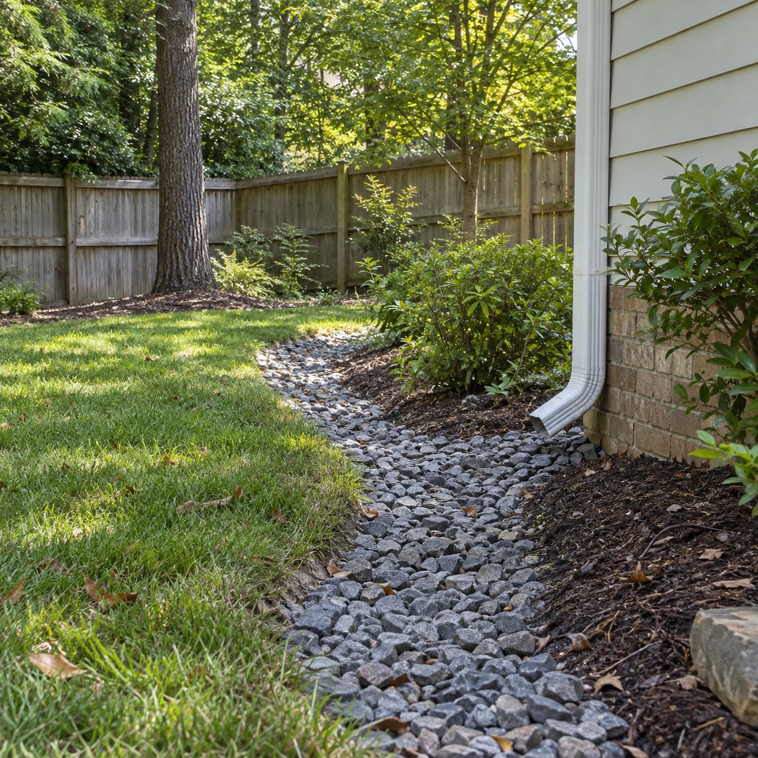 Downspout leading to a gravel strip beside a residential side yard