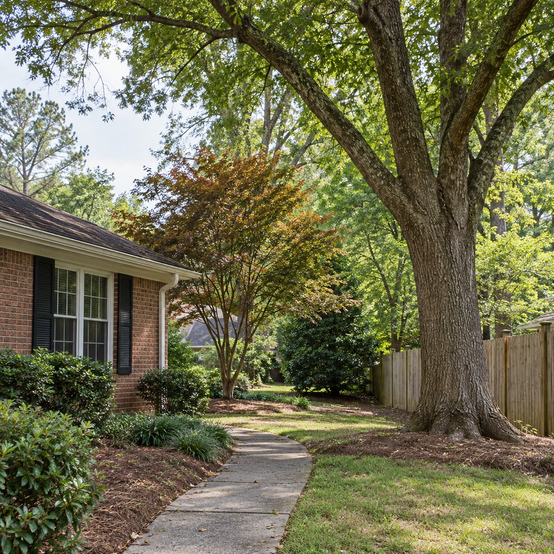Mature tree and smaller ornamental tree beside a residential walkway