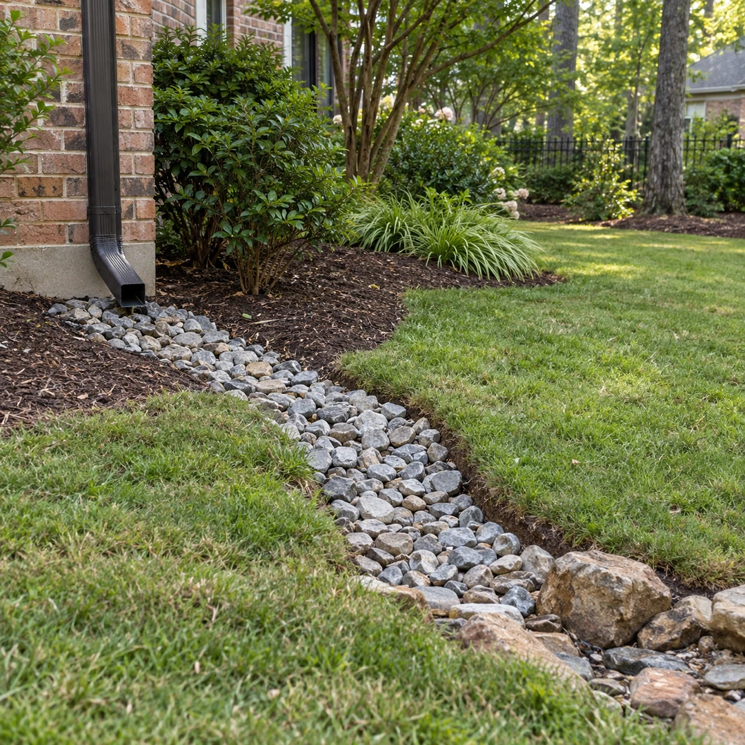 Stone runoff channel beside a brick home and lawn