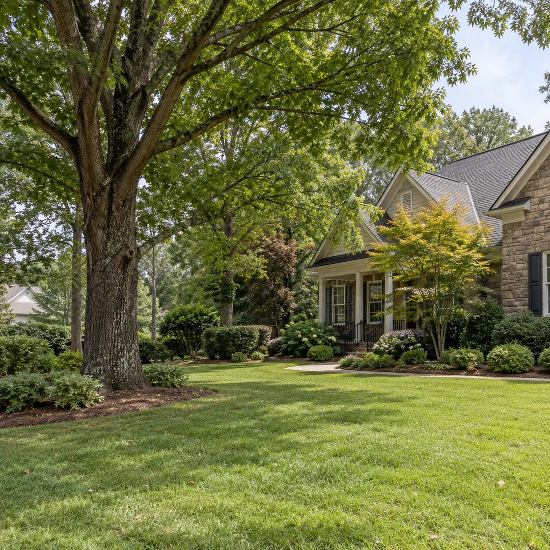 Large mature tree beside a residential front lawn