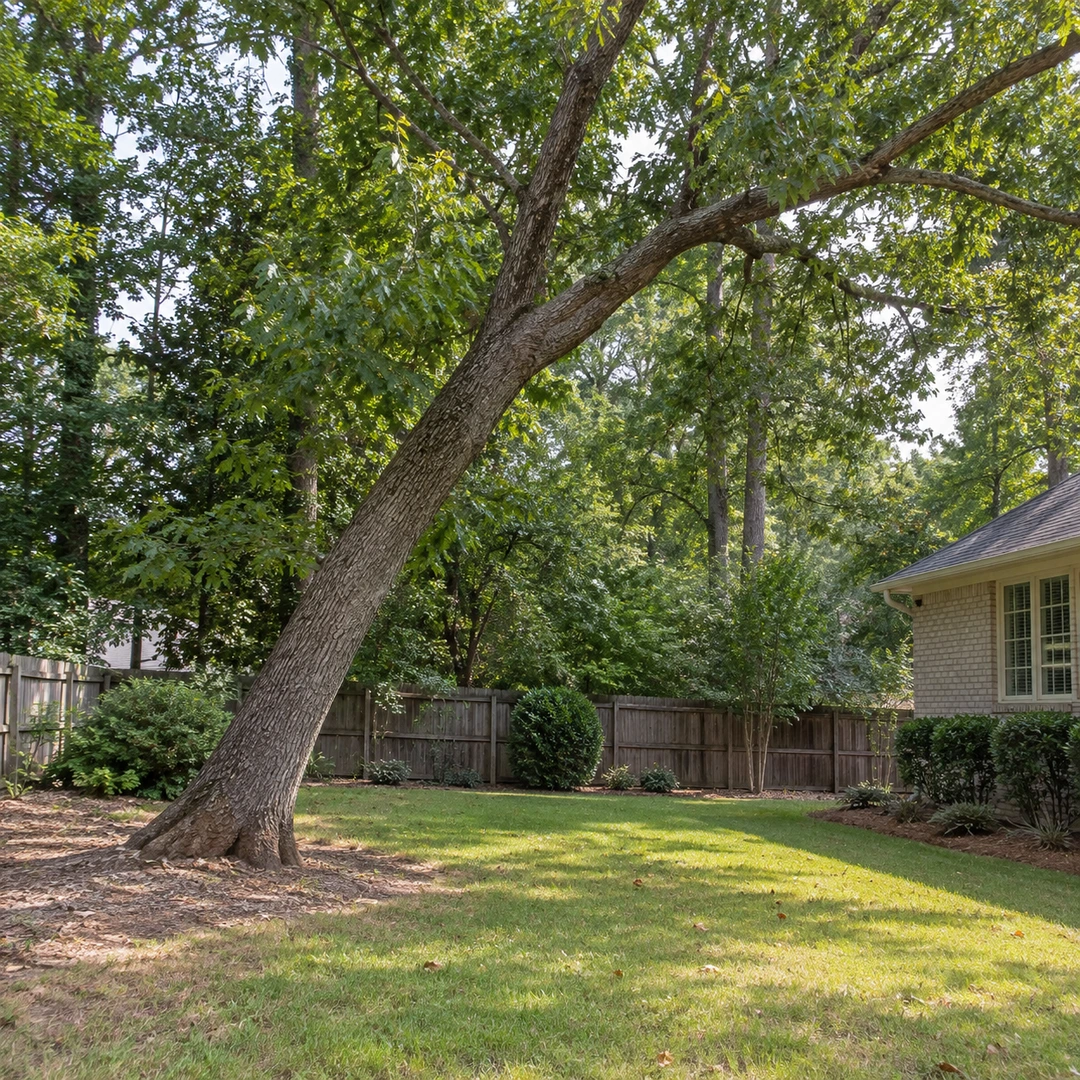 Leaning tree beside a residential lawn and brick home