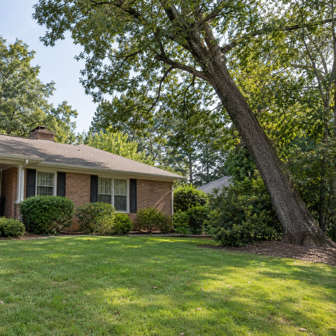Leaning tree with a natural canopy beside a brick ranch home