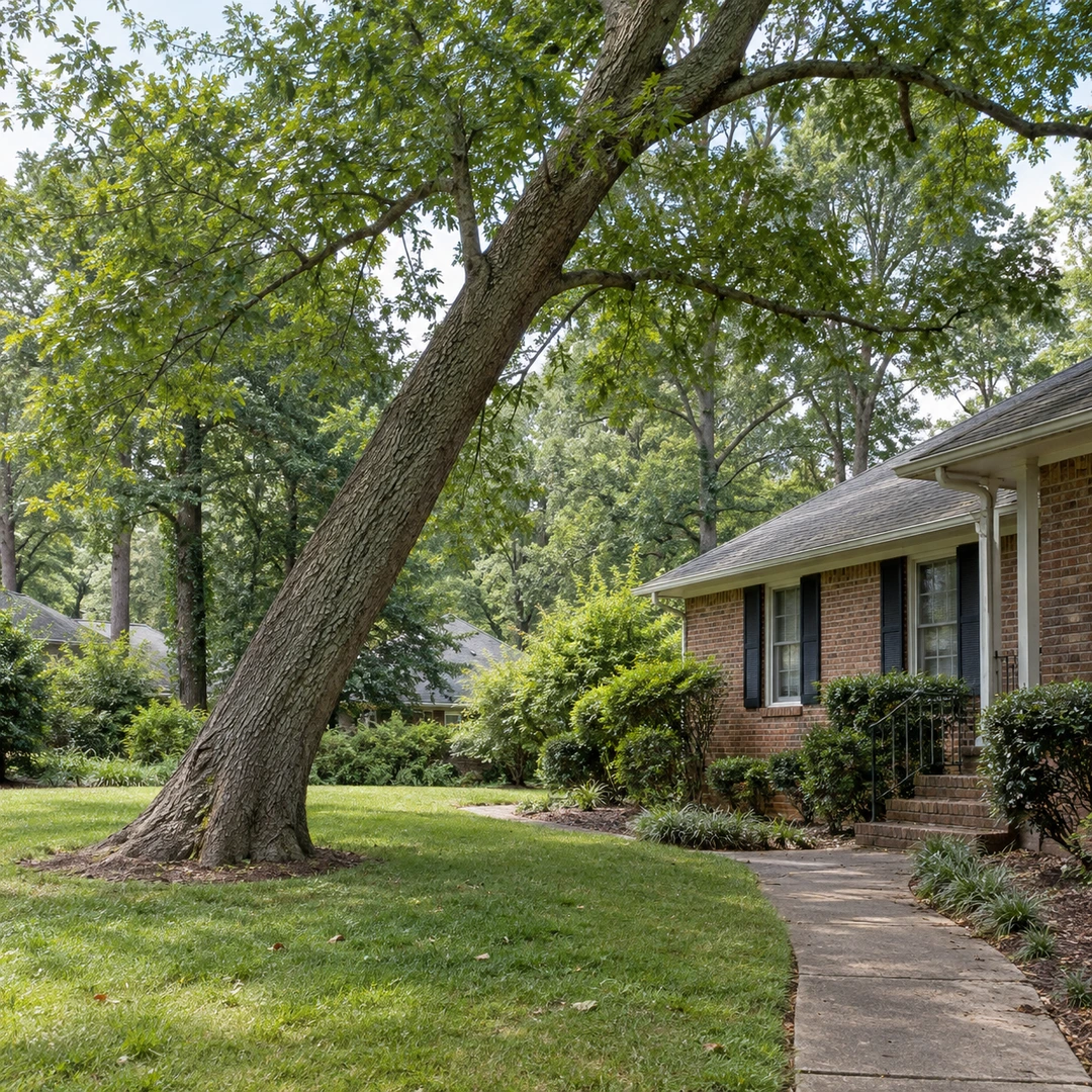 Leaning mature tree near a residential walkway