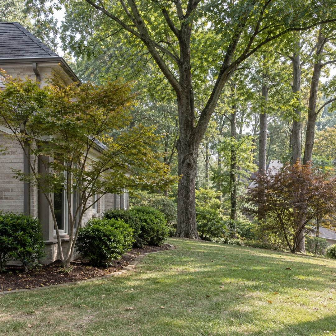 Mature trees and smaller ornamentals beside an established home