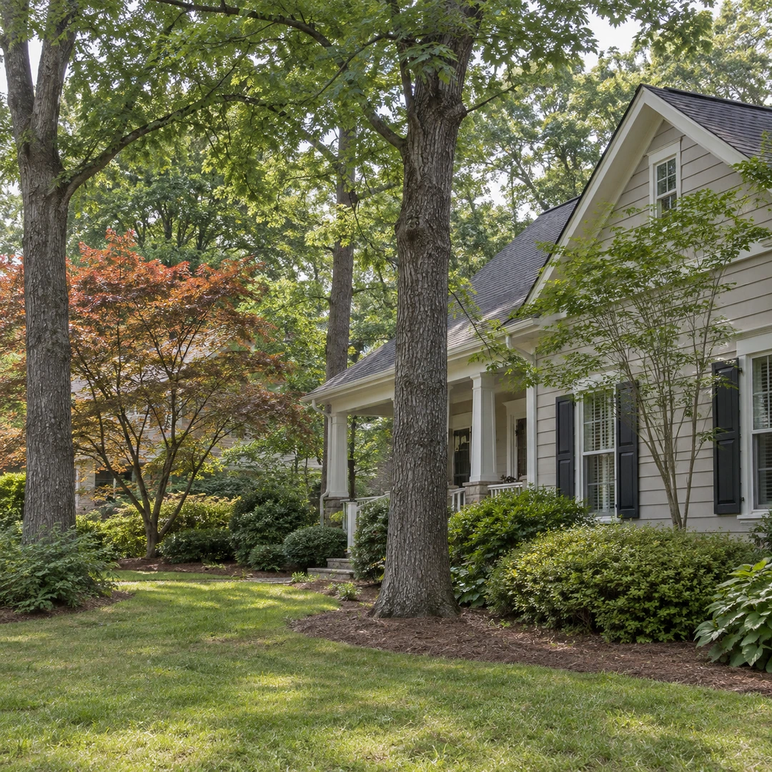 Shade trees growing beside a residential lawn and porch
