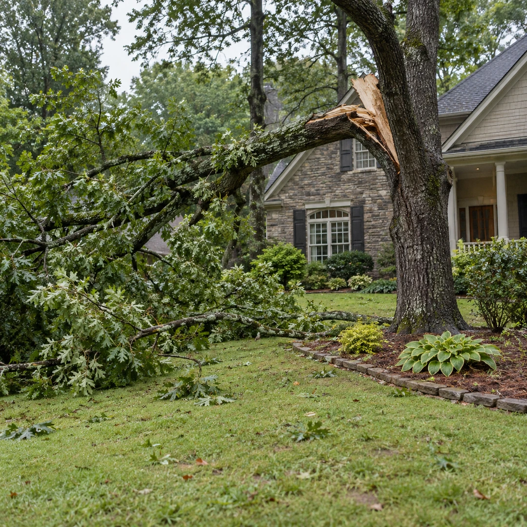 Broken tree limb and fallen branches beside a residential home