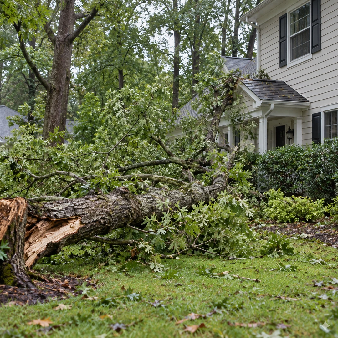 Storm fallen tree and branches on a residential lawn